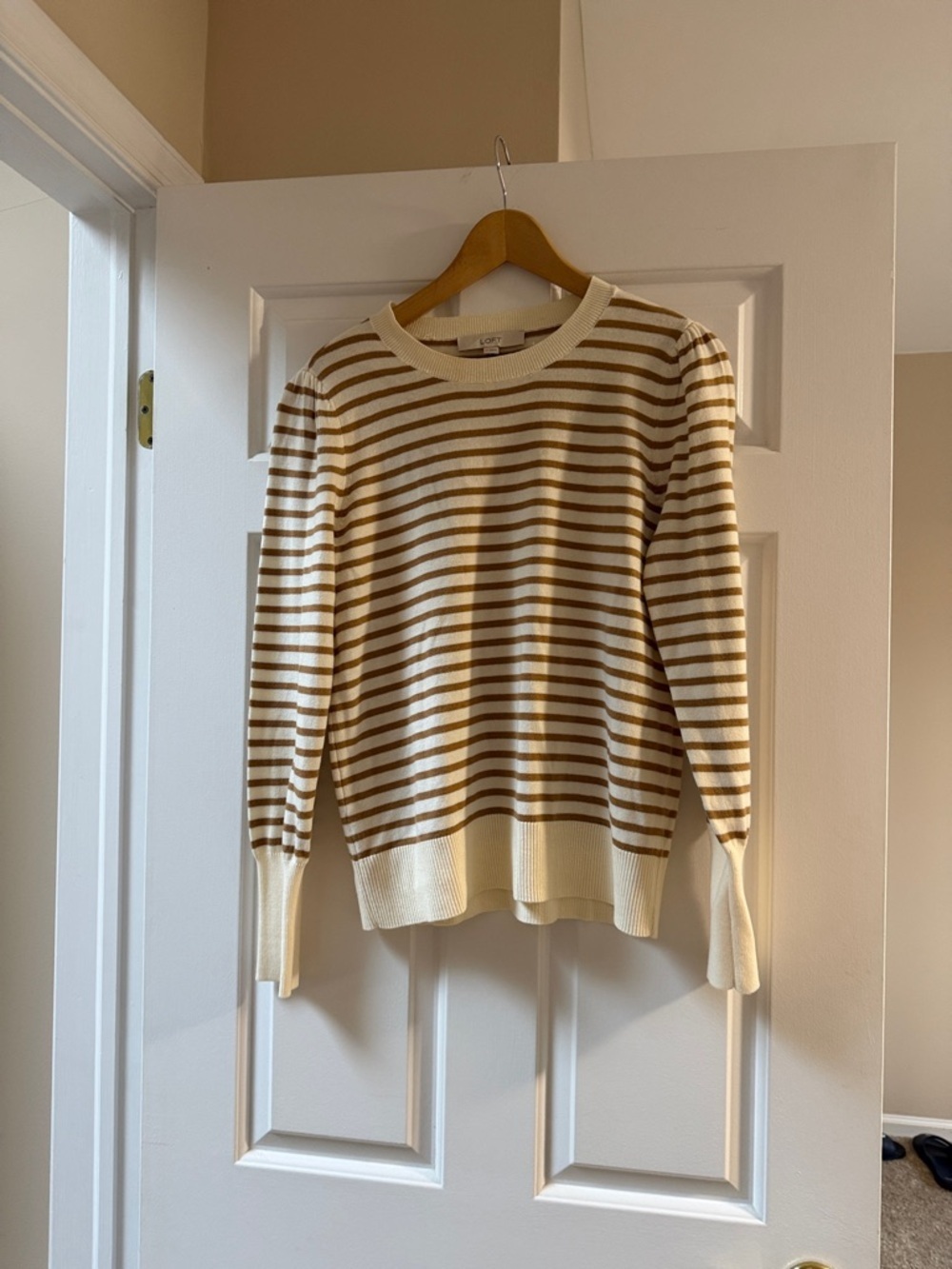 LOFT Cream and Tan Striped Crewneck Sweater